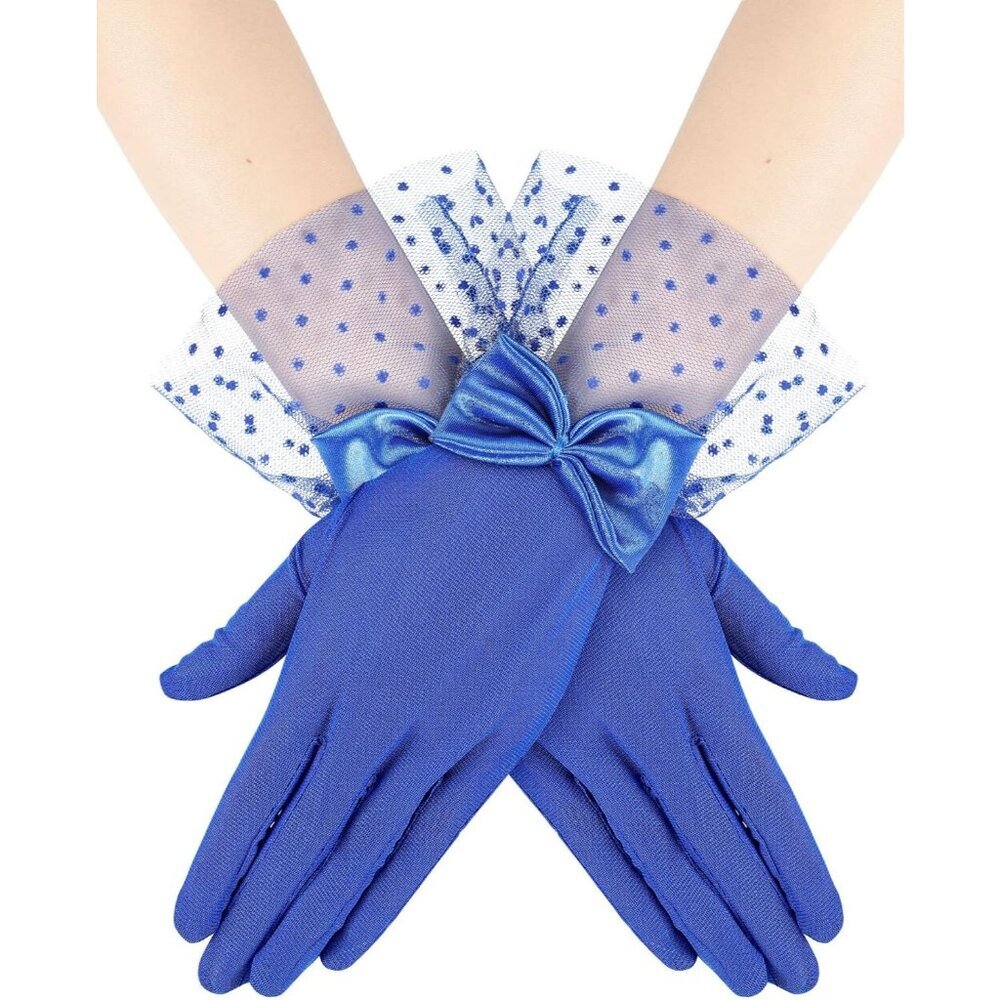 Women's Short Blue Bow Lace Gloves Tea Party Elegant Opera Wedding Accessories